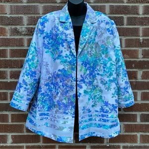 Allison Daley white blue floral print lined 3/4 sleeve open jacket 18